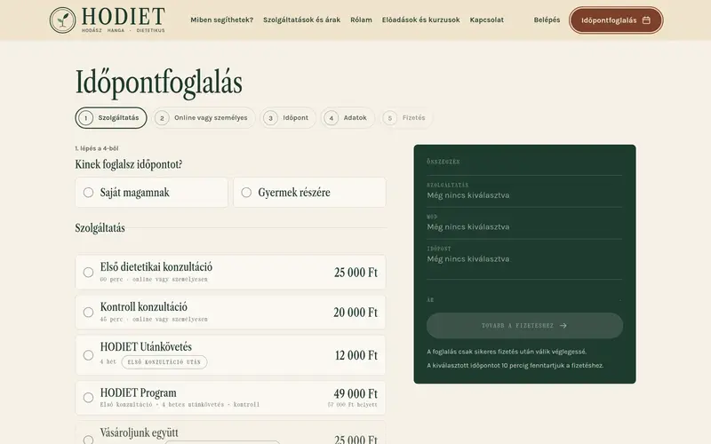 A HODIET időpontfoglalás oldala: ötlépéses folyamat, szolgáltatáslista árakkal, összegző panel