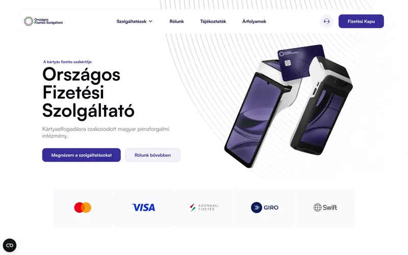 Az ofsz.hu kezdőlapja: világos háttér, két POS-terminál és bankkártya, kártyatársaságok logói